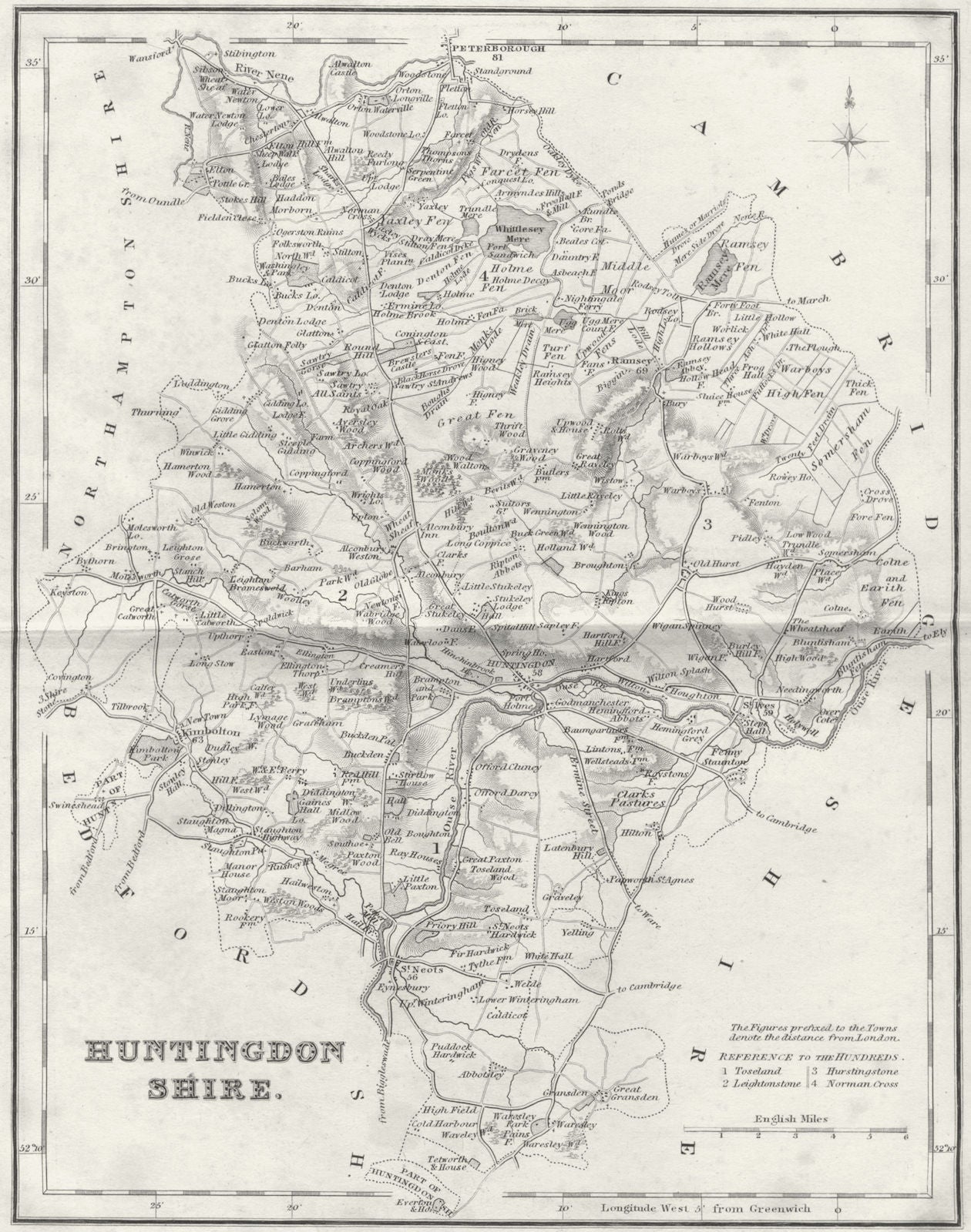 HUNTS. Huntingdonshire. Fullarton 1841 old antique vintage map plan chart